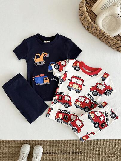 Cozy Pixies 4pcs Baby Boy Snug Fit Pajama Set, Cartoon Car Print Soft Knit Crew Neck Short Sleeve Top And Elastic Waist Long Pants