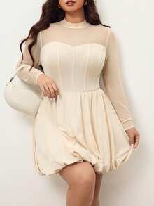 Hourglow Plus Size Women's Solid Color Round Neck Long Sleeve Mesh Fashion Dress/Autumn /Winter - Apricot - View 5