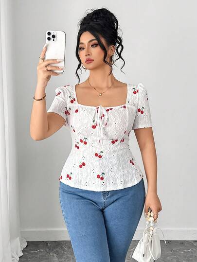 Elenzga Plus Size Women's Popular Jacquard Cherry Print Colorblock French Style Elegant Short Sleeve Square Neck T-Shirt, Bow Decor, Suitable For Daily Commute, Valentine's Day, Outings, Versatile Fitted Slim Top