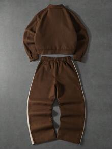 PAVTROS Men's Brown And White Contrast Color Zip Front Jacket And Pants Casual Suit,,Y2k,Mardi Gras,Streetwear,Vintage,Vacation,Autumn,Work,Lapel Suit - Brown - View 2