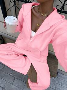 Muchica Bộ đồ 2 món tay dài trễ vai màu trơn đơn giản dành cho nữ - Hồng - Xem 6