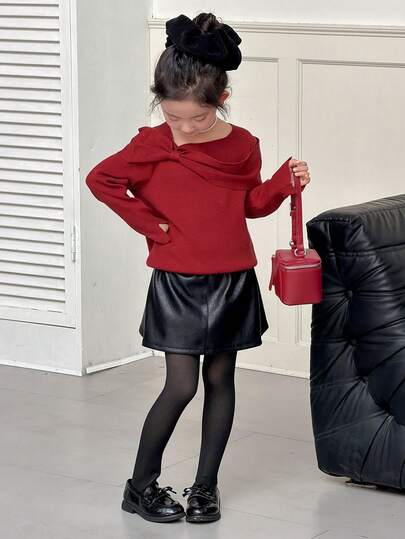 DAZY Young Girls Solid Color Bow Long Sleeve Korean Style Sweater, Autumn/Winter