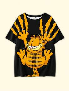 GARFIELD | SHEIN Áo thun nữ cỡ lớn in hình mèo hoạt hình, cổ tròn, tay ngắn, màu đen, kiểu dáng thường ngày, thích hợp mặc mùa hè, phong cách châu Âu, dễ thương. - màu đen - Xem 5