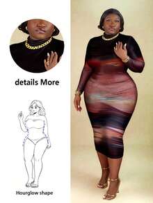 CurvyTilda Slaydiva Brushstroke 扎染印花休闲简约大码长袖圆领修身连衣裙，适合派对、秋冬穿着 - 彩色 - 查看 6