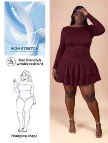 CurvyTilda فستان قصير بأكمام طويلة رفيعة باللون الأحمر للحفلات للمقاسات الكبيرة - عنابي اللون - مشاهدة 1