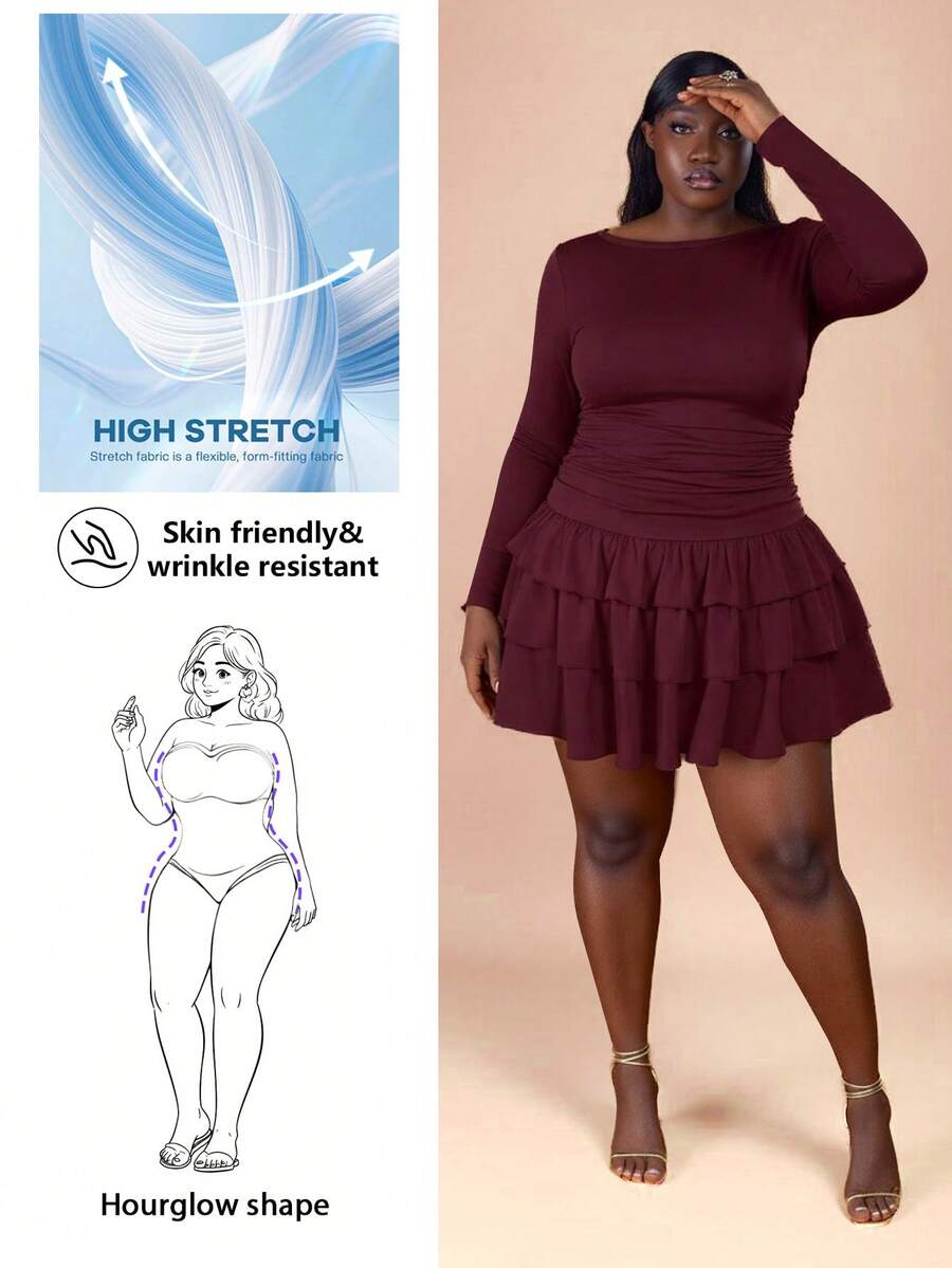 CurvyTilda فستان قصير بأكمام طويلة رفيعة باللون الأحمر للحفلات للمقاسات الكبيرة - عنابي اللون - مشاهدة 1