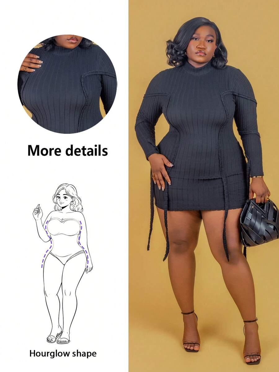CurvyTilda 大码女式纯色高领长袖罗纹修身休闲连衣裙,适合沙漏型身材 - 黑色 - 查看 1