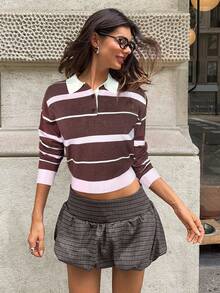 Aloruh 女士宽松条纹高领毛衣，学院风，撞色设计，棕色和粉色 - 粉色 - 查看 4