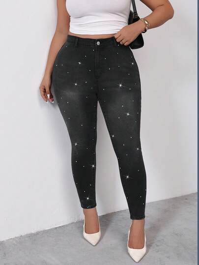 SHEIN PETITE CURVE Spring/Summer Plus Size Rhinestone Decor Fashion Jeans