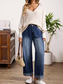 EMERY ROSE 女士撞色缝线前袋休闲百搭牛仔裤阔腿牛仔裤高腰宽松直筒裤，七分裤，秋冬服装，约会装，日常穿着，工作装，新年/圣诞节 - 中等水洗藍 - 查看 2