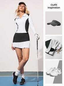 CourtClass 女士高尔夫球衫及裙子套装，休闲优雅高尔夫球衫长袖上衣及高尔夫/网球裙 - 黑與白 - 查看 4
