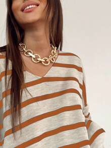 Casual Contrast Color Striped Loose Fit Sweater, Autumn - Orange - View 4
