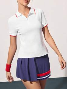 Gameset SHEIN Sport Kaos Polo Olahraga Lengan Pendek Wanita dengan Desain Resleting Warna Kontras - Putih - View 5