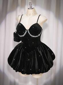 SHEIN ICON Robe moulante en velours à fleurs avec strass pour femmes grandes tailles - Noir - Voir 5