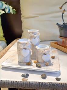 Weißer Holz Kerzenhalter Set, Teelichthalter, süße dekorative Holzschale mit Teelichthaltern und dekorativen Steinen für gemütliche Atmosphäre, Holz Kerzenständer Hochzeit Jahrestag Muttertags Geschenk, Party Dekoration - Weißes Kerzenhalter-Set - Übersicht 3