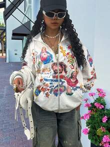 Rovax Áo khoác nỉ có mũ trùm đầu dáng rộng, in chữ và hình cho nữ, có khóa kéo - Nhiều màu - Xem 4