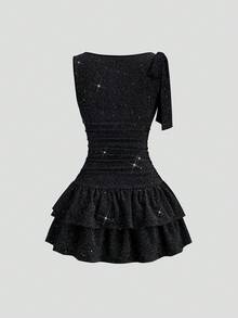 Sweetra 女士优雅蝴蝶结系腰亮片迷你连衣裙，适合派对、通勤、日常穿着，春季必备