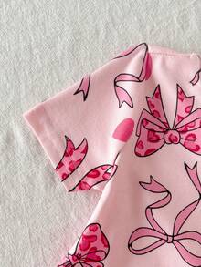 SHEIN 2pcs Baby Girl Casual Cute Bow Knit Short Sleeve T-Shirt And Elastic Waist Pants Set