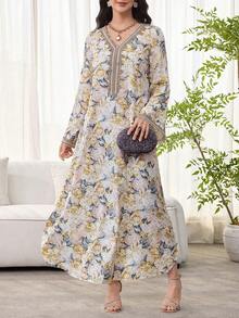 Al Najma Đầm dài tay in hoa, phối ren móc, kiểu dáng kín đáo, thanh lịch, kiểu Kaftan và Jalabiya dáng chữ A, thích hợp cho tiệc tối/đám cưới/kỷ niệm/mặc hàng ngày. - Nhiều màu - Xem 3
