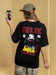 Felix The Cat X SHEIN Áo thun ngắn tay màu đen in chữ và hoạt hình dành cho nữ - màu đen - Xem 3