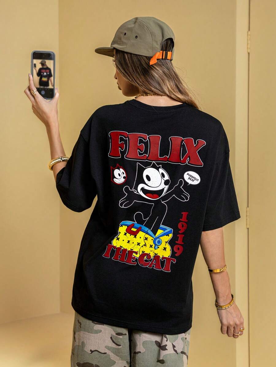 Felix The Cat X SHEIN 女士字母卡通图案黑色短袖T恤 - 黑色 - 查看 1
