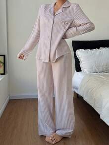 Casual Women's Baby Pink Striped Long Sleeve Pajama Set, Woven Fabric Sleepwear With Collar, Pockets, And Matching Long Pants Soft Pajamas Set Button Up Pajama Set Two Piece Sleepwear Set Sleep Wear Women Set - Baby Pink - View 7