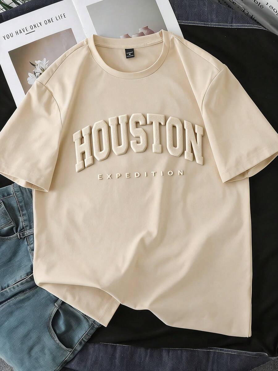 Manfinity Joysei Áo thun ngắn tay in chữ 3D Houston, dáng vừa vặn tiêu chuẩn, màu kaki. - Màu Khaki - Xem 1