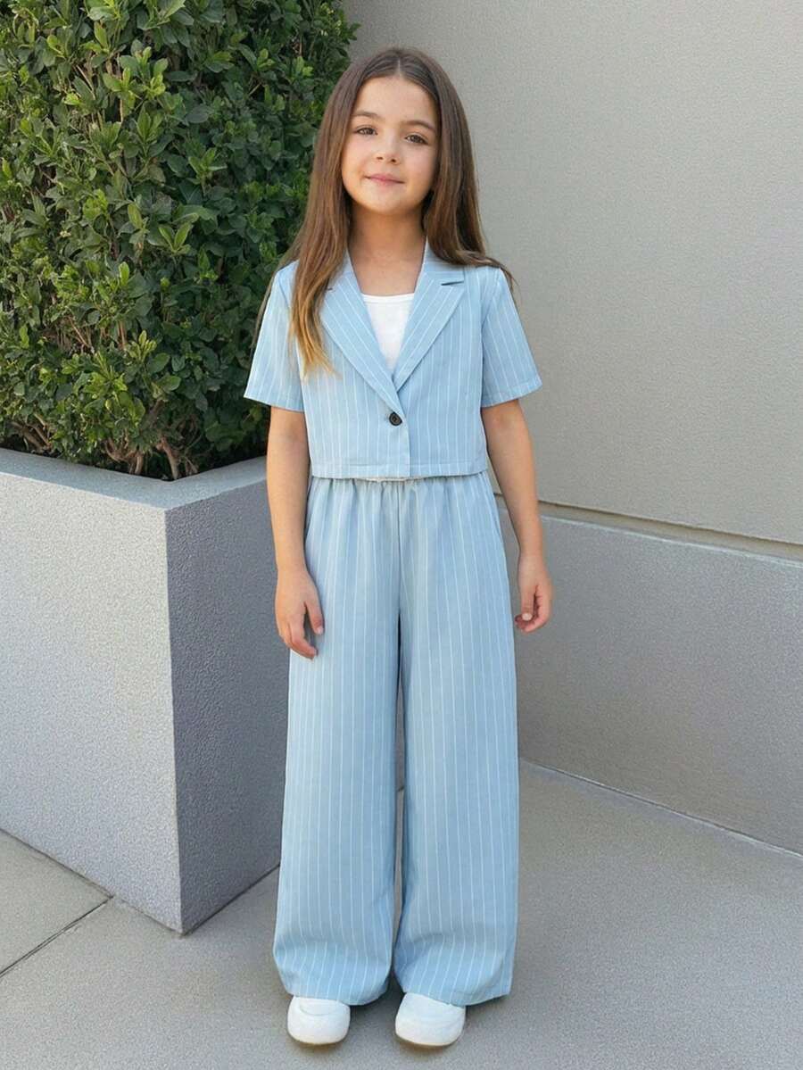 Firerie Kids Firerie Kids 少女条纹翻领短袖外套和直筒裤休闲套装 - 淺藍色 - 查看 1