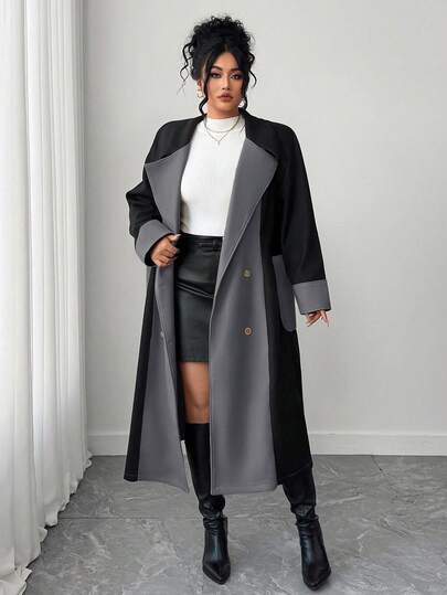 Elenzga Plus-Size Women's Color-Blocked Elegant Commuter Woolen Jacket Curve Fall Clothes Plus Size Winter Clothes Long Coat Modern Clothes For Women Long Coats For Women