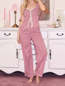 SweetSlumber Fashionable Basic Casual Red Plaid Woven Fabric Women Pajama Set Gingham Pajama Set Women Pajamas Sleep Wear Women 2 Piece Set Checkered Pajamas Pajamas Set Two Piece - Red - View 1
