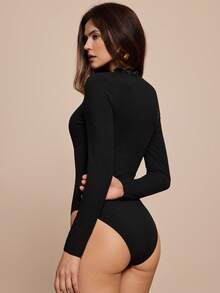 Leighera Elegant Sexy Twist Lace Trim Bodysuit, Suitable For Commuting, Autumn - Black - View 2