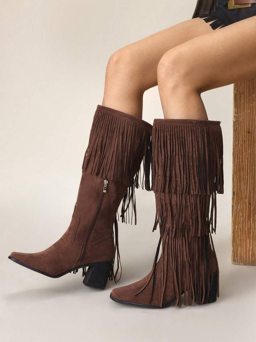 Styleloop Bốt cao đến đầu gối tua rua màu trơn thường ngày dành cho nữ, Thu/Đông - Cà phê nâu - Xem 1