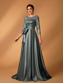 Serin Elegante y lujoso vestido de manga larga transparente con bordado de encaje floral, con perlas y lazo con diamantes, con vuelo. Adecuado para boda, fiesta, vacaciones, baile de graduación, vestido de noche para novia, madre de la novia - Verde - Ver 8