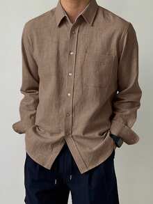 DAZY Men's Casual Everyday Office Commute Simple Solid Color Patchwork Pocket Long Sleeve Shirt, Spring/Autumn - Khaki - View 3