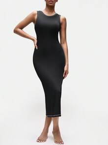 SHAPORA 女士纯色圆领无袖修身休闲睡裙 - 黑色 - 查看 1