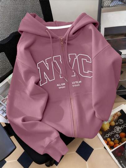 INAWLY Women's Hooded Zip-Up Sweatshirt, Letter Graphic, Casual Outerwear For Teachers, Back To School, Graduation, Daily Wear, Winter Jacket, Fashionable & Versatile, Women Hooded Long Sleeve Sweatshirt