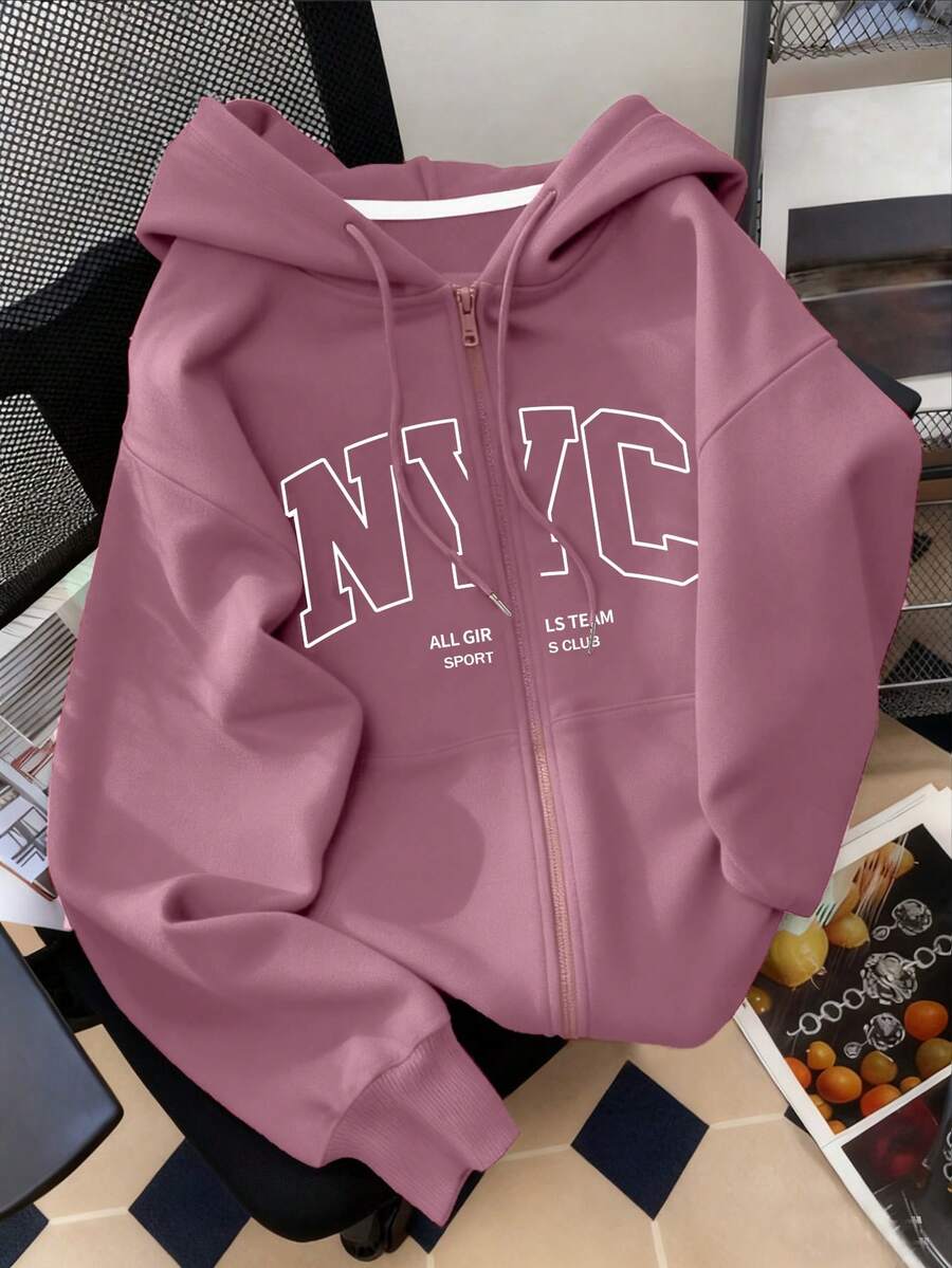 INAWLY 女士连帽拉链卫衣，字母图案，休闲外套，适合教师、返校、毕业、日常穿着、冬季外套，时尚百搭，女士连帽长袖卫衣 - 中紫紅色 - 查看 1