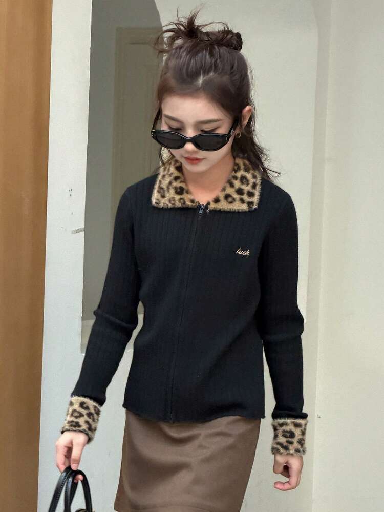 Tween Girls Contrast Color Letter Embroidered Cardigan Spring