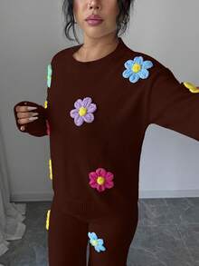 Selianne Women's Coffee Brown Round Neck Drop Shoulder 3D Floral Pullover Sweater Paired With 3D Floral Straight Leg Sweater Pants - Coffee Brown - View 6