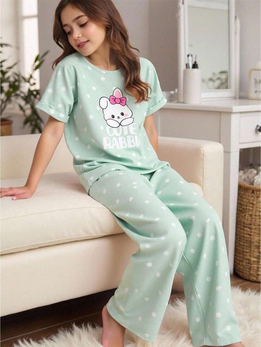 SHEIN 2 件套女童可爱兔子波尔卡圆点印花短袖上衣和宽松裤子休闲舒适睡衣 - 綠色 - 查看 1