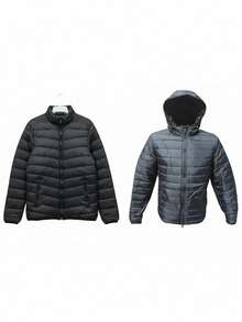 Chamarra Acolchada Ligera COLOR NEGRA y CHAMARRA NEGRA AFELPADA CON GORRO 2PK para Hombre con Estilo Urbano, Diseño Moderno y Corte Casual, Abrigo de Moda para Clima Frío Ligero con Acabado Premium y Confort Diario - Negro - Ver 1