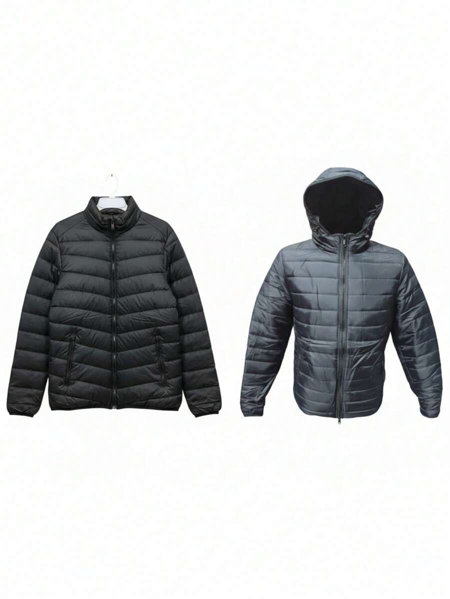 Chamarra Acolchada Ligera COLOR NEGRA y CHAMARRA NEGRA AFELPADA CON GORRO 2PK para Hombre con Estilo Urbano, Diseño Moderno y Corte Casual, Abrigo de Moda para Clima Frío Ligero con Acabado Premium y Confort Diario - Negro - Ver 1