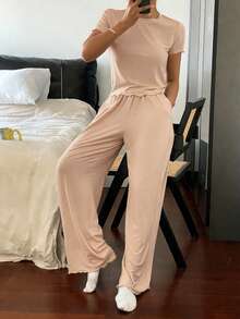 Livesso 2pcs Set Minimalist Solid Color Wavy Trim Decor Fitted Top And Pants Loungewear Set - Apricot - View 4