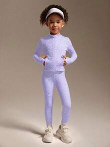 SHEIN Bộ đồ thể thao 2 món cho bé gái: áo khoác và quần legging, họa tiết hoa mai và da báo dễ thương, chất liệu co giãn tốt, thoải mái, ôm sát, phù hợp cho chạy bộ, yoga, tennis, cầu lông. - Màu tím hoa cà - Xem 7