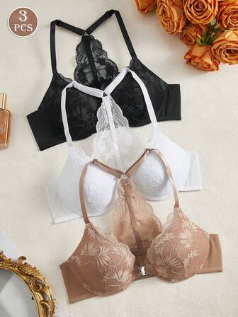DesireSculpt 3 piezas Sujetador con cierre frontal de malla y encaje floral sexy para mujer, con contraste en la espalda y aros de acero para levantar el busto