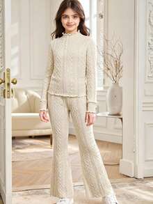 SHEIN Teen Girls Cute Apricot Ruffle Trim Long Sleeve Top And Elastic Waist Flare Pants Co-Ord Set, Autumn/Winter - Apricot - View 3