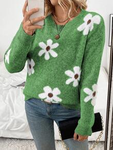 SHEIN LUNE Sweater Rajut Wanita Kasual Bermotif Bunga Lembut, Leher Bulat, Bahu Longgar, Lengan Panjang, Musim Gugur/Dingin - Lime Green - View 5