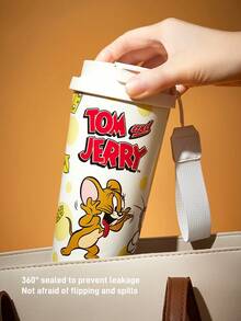 TOM & JERRY X SHEIN 500毫升/16盎司真空隔热不锈钢杯，配1个防漏盖，适用于冷热饮，适用于大多数车载杯架 - 白色 - 查看 5