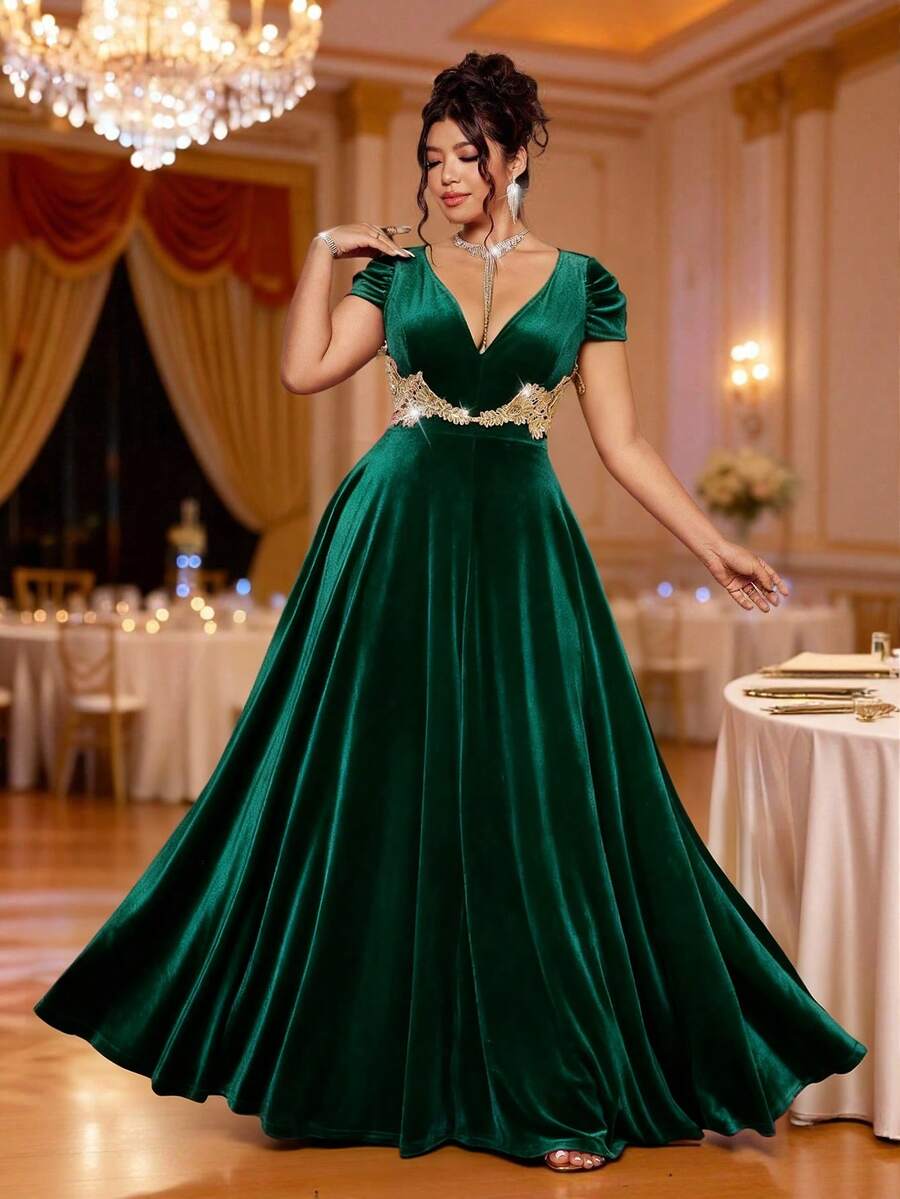 Cravure Đầm dạ hội nhung cỡ lớn dành cho nữ, cổ chữ V, đính sequin và viền bèo nhún, đầm dạ hội cao cấp sang trọng. - Màu xanh lá cây đậm - Xem 1