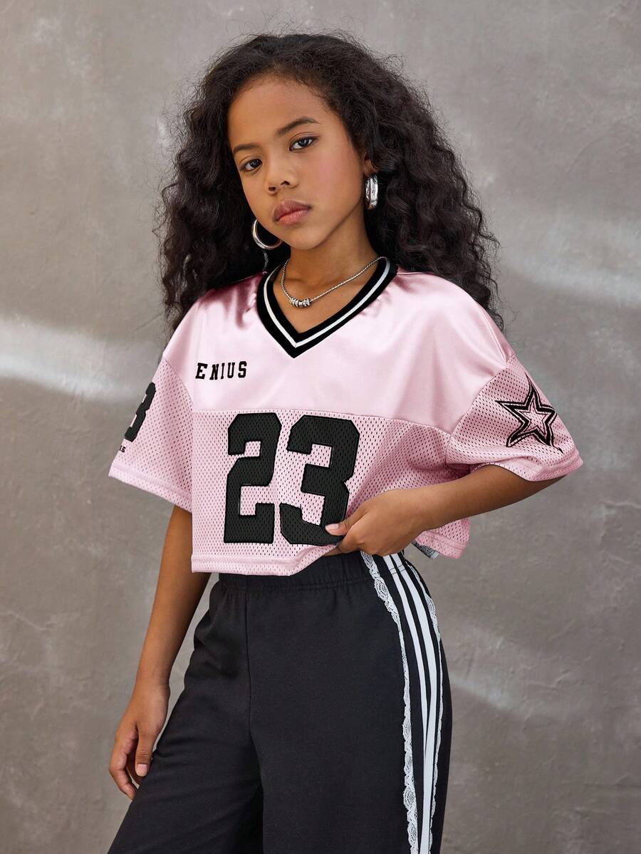 Coolane Kids Tween Girls Blush Pink Summer Streetwear School Back-To-School V-Neck Mesh Fabric Letter & Number Print Loose Cropped T-Shirt,Cute Fashionable Jersey - Pink - View 1